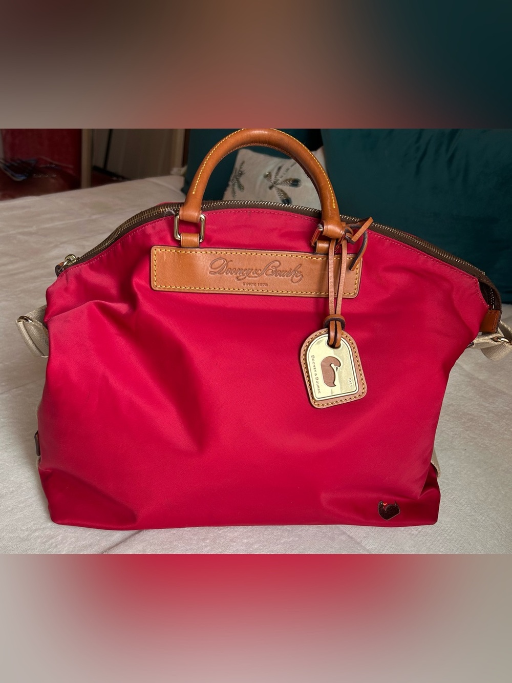 Dooney & Bourke Red Nylon Tote with Tan Leather Trim